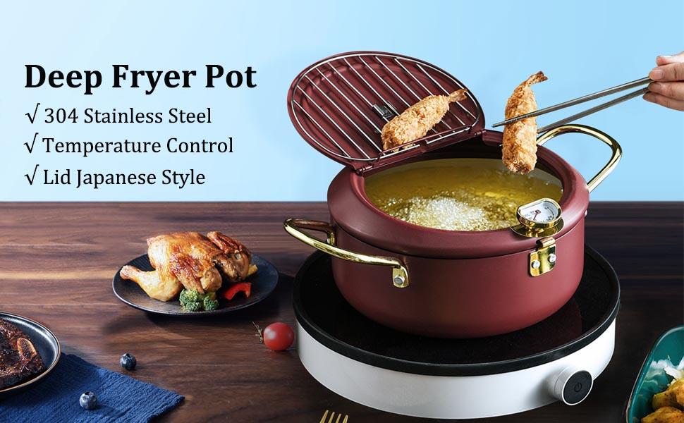 304 Stainless Steel Tempura Deep Fryer Pot Oil Frying Pan With Thermometer  for French Fries Kitchen Tempura Household Onion Ring